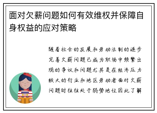 面对欠薪问题如何有效维权并保障自身权益的应对策略