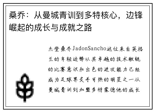 桑乔：从曼城青训到多特核心，边锋崛起的成长与成就之路